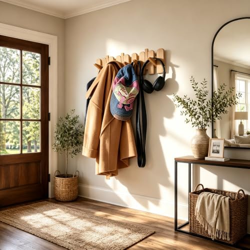 Piano Coat Rack, Solid Beech Wall Hooks, Walnut Finish, 8 Hooks - Image 2