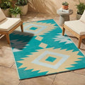 FH Home Outdoor Rug - Waterproof, Fade Resistant, Reversible - Premium Recycled Plastic - Geometric - Patio, Deck, Porch, Balcony - Bursa Kilim - Teal Crease Free - 5 x 8 ft by FHHome