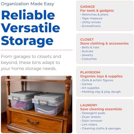 Hefty 18 Qt Hi-Rise Storage Bin with Lid, Stackable Plastic Storage Container, Organizer for Home, Garage & Closet, 8 Pack, Gray - Image 6