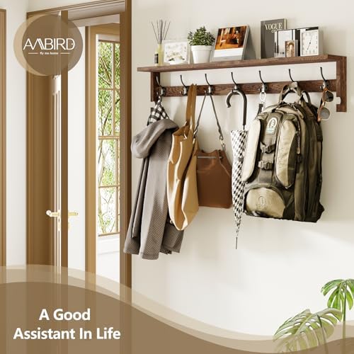 AMBIRD Coat Rack Wall Mount, 35 Inch Extra Long Wall Hooks with Hanging, Wooden Shelf with 7 Metal Hooks 2 Side Hooks, Wall Key Holder with Shelf in Entryway, Kitchen, Bathroom, Living Room, Bedroom - Image 4