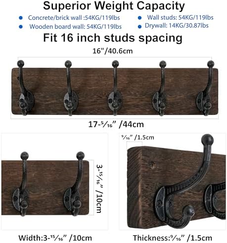 WEBI Rustic Coat Rack Wall Mount,5 Cast Iron Coat Hooks Wall Mounted,Heavy Duty Wood Wall Coat Hanger Hooks for Hanging Coats,Jacket,Clothes,Backpack,Farmhouse,Weathered Brown,2 Packs - Image 2