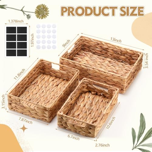 Reallnaive Set of 6 Water Hyacinth Pantry Storage Baskets Wicker Storage Baskets Woven Organizers with Chalkboard Label for Organizing Shelves, Bedroom, Living Room (Large, Medium, and Small) - Image 2