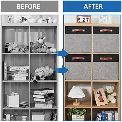 Temary 13 x 13 Storage Cubes Foldable Storage Cubes 4 Pack Canvas Storage Bin for Home, Square Storage Baskets with Leather Handles (Black&Grey) - Image 5