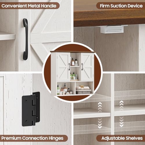 Vabches Bathroom Wall Cabinet, Farmhouse Medicine Cabinet with Double Barn Door and Adjustable Shelves, Wooden Vintage Storage Cabinet Wall Mounted for Bathroom, Kitchen Dining, Rustic White - Image 5