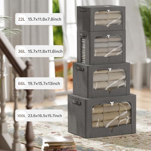 FHSQX 3 Pack Extra Large Clothes Storage Bins Foldable Metal Frame Storage Box Stackable Linen Fabric Organizer Set with Carrying Handles and Clear Window (Dark Gray, 23.6x16.5x15.7inch(100L)) - Image 3