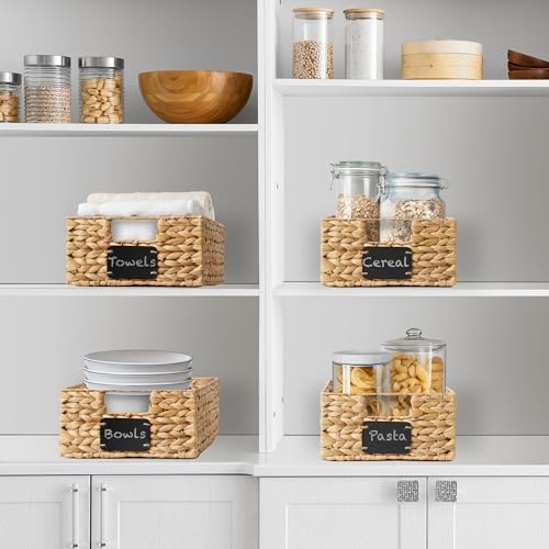 Casafield Set of 4 Water Hyacinth Pantry Baskets, 10" x 13" x 5", with Chalkboard Labels and Chalk Marker - Natural, Woven Storage Bin Organizers for Kitchen Shelves - Image 2