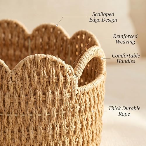 Scalloped Woven Storage Basket Set of 2 – Handwoven Paper Rope Organizer Bins with Handles for Shelves, Towels, Toys, Laundry & Nursery Storage – Decorative Boho Farmhouse Basket Set - Image 3