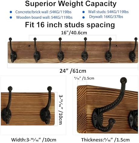 WEBI Rustic Coat Rack Wall Mount,24" Long 6 Cast Iron Coat Hooks Wall Mounted,Heavy Duty Wood Wall Coat Hanger Hooks for Hanging Coats,Jacket,Clothes,Backpack,Farmhouse,Brown,2 Packs - Image 2