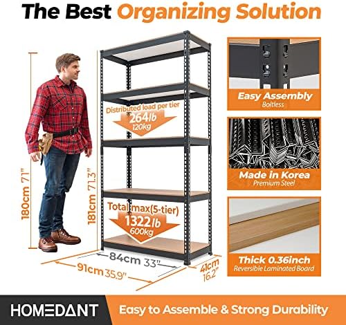 HOMEDANT 35.9" W 5 Tier Heavy Duty Garage Shelving Adjustable Metal Rack Storage Shelves Standing Shelf Unit Organizers Pantry Closet Black 2Pack - Image 2
