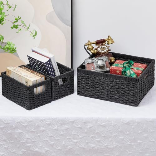 Vagusicc Wicker Storage Basket, Set of 3 Wicker Basket, Hand-Woven Paper Rope Storage Baskets for Organizing, Large Cube Storage Organizer Bins Baskets for Shelves Small Toilet Paper Baskets, Black - Image 5