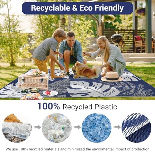 GlowSol Waterproof 5x8 Outdoor Rug for Patio Reversible Plastic Straw Rug Floral Camping Carpet with Carry Bag, Stain & UV Resistant Portable RV Carpet for Camper Deck Balcony Porch Beach Picnic,Navy - Image 4