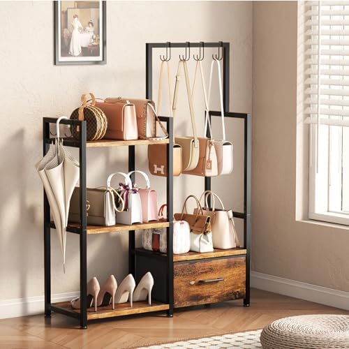 3-Tier Wooden Purse Display with Large Drawer & 6 Hooks - Image 2
