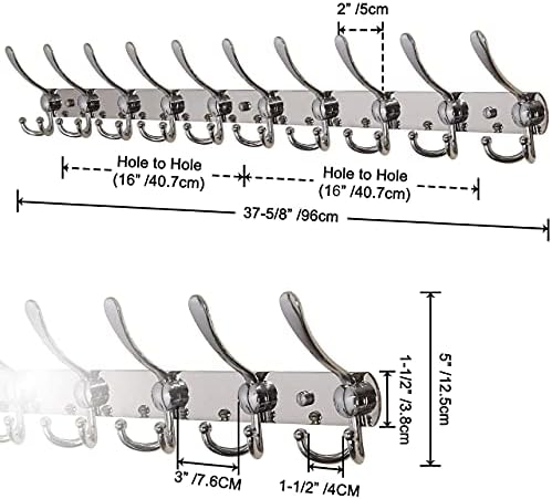 Dseap Coat Rack Wall Mount - 38” Long 10-Tri-Hooks Heavy Duty Coat Hanger Rail Wall Hooks for Hanging Coats Hats Clothing Clothes Purse Mudroom Entryway, Chromed - Image 2