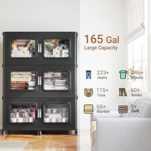 BROVIEW 330Gal Storage Bins, 1320Qt Extra Large Stackable Storage Box with Lids & Wheels - Heavy Duty Collapsible Plastic Cabinets, Open Front Door for Sundries in Home & Office, Black 6 Pack - Image 6