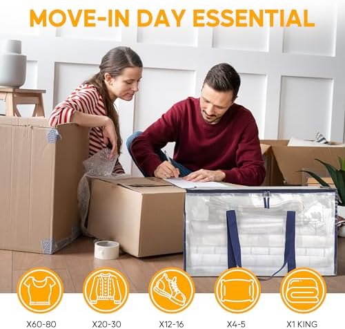 HealSmart 12 Pack Large Moving Bags with Zippers & Handles, Moving Supplies with lids, Heavy Duty Totes for Space Saving, Fold Flat, Moving and Storing, Clear - Image 7
