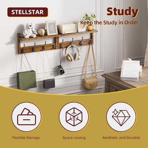 STELLSTAR Coat Rack with Shelf Wall Mount, Entryway Bamboo Hanging Shelf, Set of 2, Wall Hook Rail for Hallway Décor, Storage Clothe, Hat, Robe, Key, Dog Leash (Walnut) - Image 5