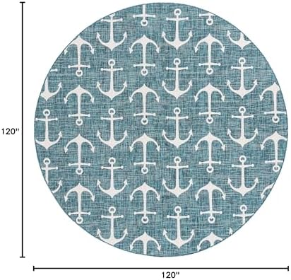 Unique Loom Outdoor Coastal Collection Area Rug - Ahoy (10' Round, Teal/ Ivory) - Image 2