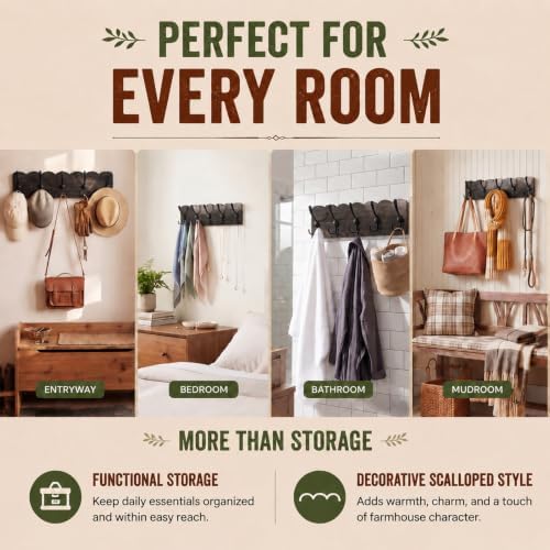Leinuosen 2 Pack Rustic Coat Rack Wall Mounted, 18.9 Inch Wood Entryway Organizer with 3 Hooks, Brown Scalloped Edge Farmhouse Hanging Rack for Jackets, Hats, Bags and Towels - Image 5