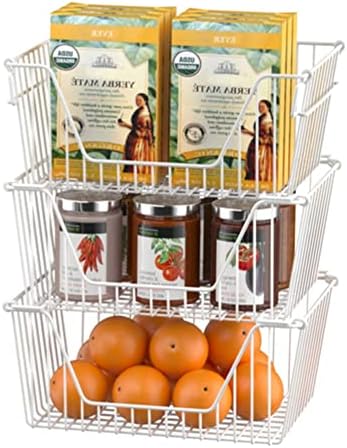 Slideep 14" Large Bin Baskets Stacking Baskets Sturdy Metal Wire Storage Baskets Organization with Handles for Pantry, Kitchen, Closets, Bathroom, Cabinets, Kitchen,White, Set of 3 - Image 2