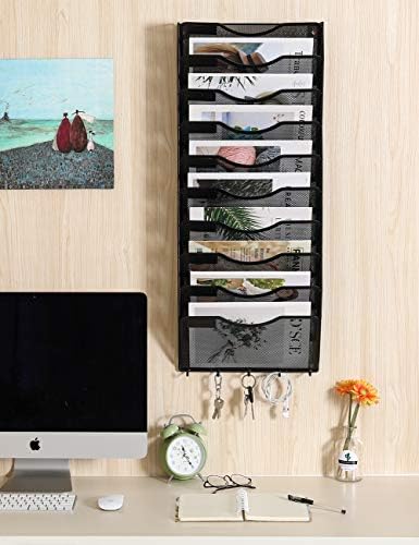 EasyPAG 10 Pocket Mesh Wall File Organizer with Key Hooks, Hanging Paper Folder Holder with Classify Label, Vertical Wall Mount Mail Organizer for Office Home Classroom, Black - Image 5