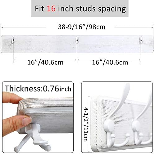 WEBI Coat Rack Wall Mounted,38 9/16" Long,10 Triple Hooks,Wood Coat Hooks Wall Mount,Large Coat Hanger Wall,Hook Rack,Tri Hooks for Hanging Coats,Clothes,Jacket,Entryway,Rustic White,2 Packs - Image 3