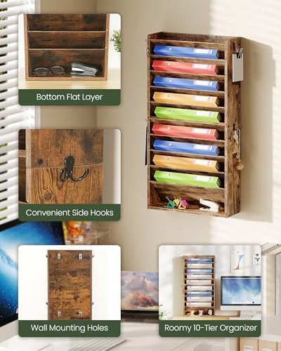 CHOEZON Wall File Organizer, 10-Tier Hanging Mail Organizer, Wall Mount File Holder with 4 Side Hooks, Mail and Storage Organizer, Wooden Vertical Hanging Holder for Office, Rustic Brown MWJ03FG - Image 3