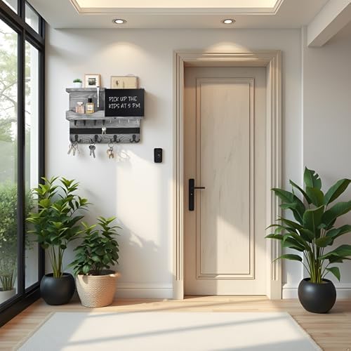 Key Holder Wall Mount with Shelf, Key Hooks for Wall, Washed Gray - Image 4
