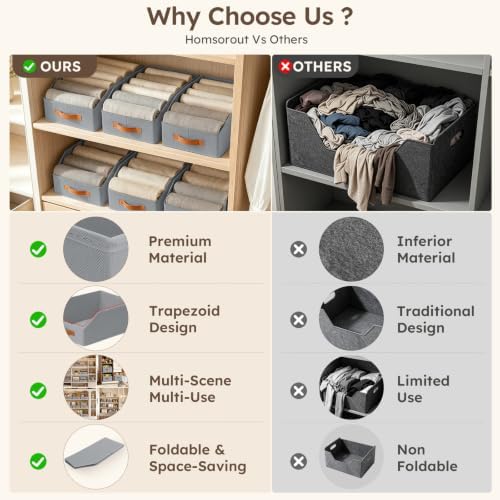 Homsorout Fabric Storage Bins for Organizing - 6 Pack Large Trapezoid Collapsible Storage Bins with Front Handle, Closet Organizers and Storage for Bedroom, Home Shelves, Small Spaces, Grey - Image 6