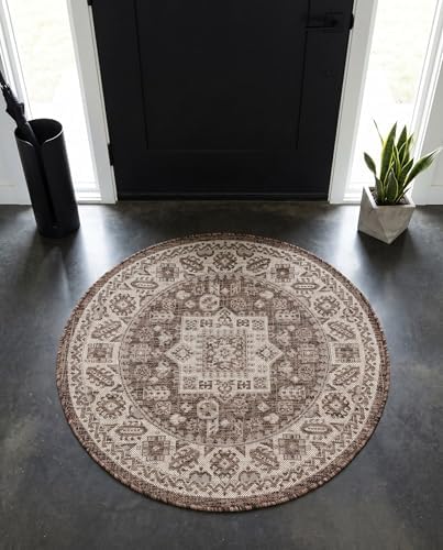 Rugs.com - Outdoor Aztec Rug – 3 Ft Round Brown Indoor/Outdoor Rug – Flatweave Tribal Design for Patio, Deck, and Porch - Image 5