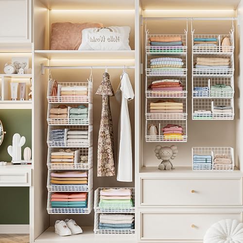6 Tier Extra Large Hanging Closet Organizer, Closet Storage Hanging with Dividers, Wire Closet Shelf with 5 S Hooks 4 Dividers,Sweater Handbag Hat Accessory Storage Hanger,White - Image 3