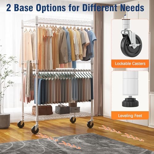 Homdox Heavy Duty Rolling Clothes Rack, Adjustable Clothing Rack for Hanging Clothes, Portable Closet Rack with 4 Hanging Rods, 2 Storage Shelves, 45" W x 20.5" D x 80" H, White - Image 5
