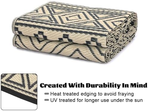 Outdoor Rug 9x12 Reversible Patio Rug Outdoor Plastic Straw Rug Bohemian Washable Rugs Waterproof for Deck RV Outside Rug for Patio Backyard Picnic Camp Beach Balcony Black Beige - Image 4