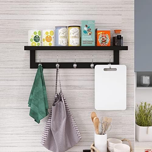 SMIBUY Coat Hooks with Shelf Wall-Mounted, 29.2 Inch Entryway Coat Rack for Wall, Bamboo Hanging Shelf with 5 Double Metal Hooks for Bathroom, Bedroom, Kitchen, Living Room, Mudroom (Black+Silver) - Image 3