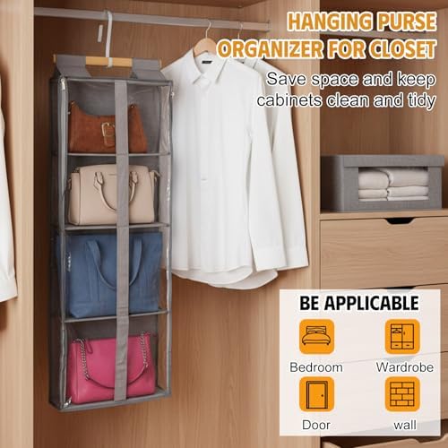 Silkfly 2 Pack Hanging Purse Organizer with Zipper for Closet Handbag Storage PVC Mesh Shelves with 4 Pockets for Bedroom Door Wardrobe Shelf Rack Space Saving(Brown) - Image 7