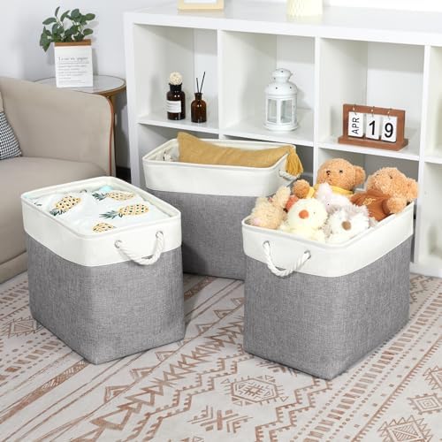 Bidtakay Extra Large Storage Baskets for Organizing 17x12x15.1 inch 3-Pack Fabric Closet Organizers Storage Bins with Handles Foldable Storage Baskets for Shelves Clothes XL-White&Grey - Image 5