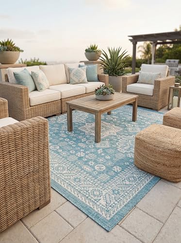 Rugs.com Outdoor Aztec Collection Rug – 10 Ft Square Aqua Flatweave Rug Perfect for Living Rooms, Kitchens, Entryways by Rugscom