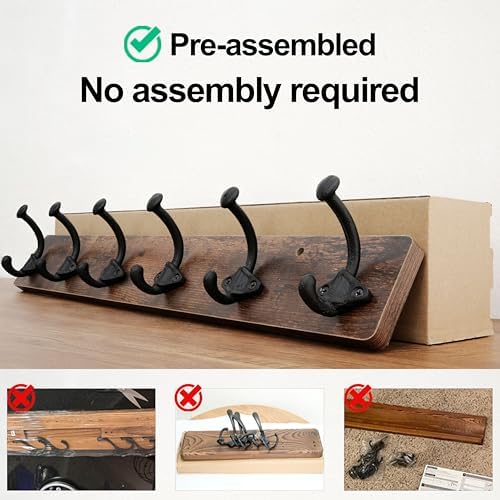 WEBI Rustic Coat Rack Wall Mount,24" Long 6 Cast Iron Coat Hooks Wall Mounted,Heavy Duty Farmhouse Wood Coat Hanger Wall Antique Vintage Hooks for Hanging Jacket,Clothes,Backpack,Rustic Brown - Image 4