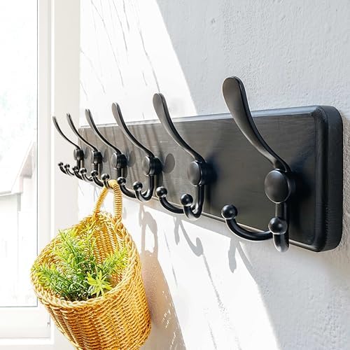 Dseap Coat Rack Wall Mounted - 24" Long 6 Tri Hooks, Heavy Duty Wooden Wall Coat Hanger Coat Hook for Clothes Hat Jacket Clothing, Black, Pack of 2 - Image 4