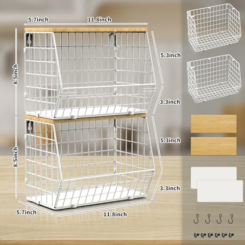 Mefirt Fruit Basket, 2-Tier Fruit Bowl for Kitchen Counter, Stackable Wall Mounted Fruit Storage, Snack Organizer, Potato and Onion Storage Basket, Hanging Pantry Storage with Wood Lid, 2 Set, White - Image 6