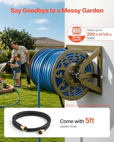 VEVOR Wall Mounted Garden Hose Reel, Holds 200 Feet of 5/8-inch Hose, Outdoor Heavy-Duty Waterhose Holder Winder, with Brass Connector, Decorative Pattern, Bronze Finish, for Backyards and Gardens - Image 2