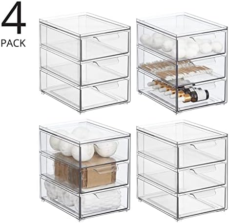 mDesign Plastic Stackable Organizer with 3 Drawers - Pull-Out Drawer Storage Bin for Bathroom Sink/Cabinet Organization - Perfect for Makeup, Small Towels, and More - Lumiere Collection, 4 Pack, Clear - Image 4