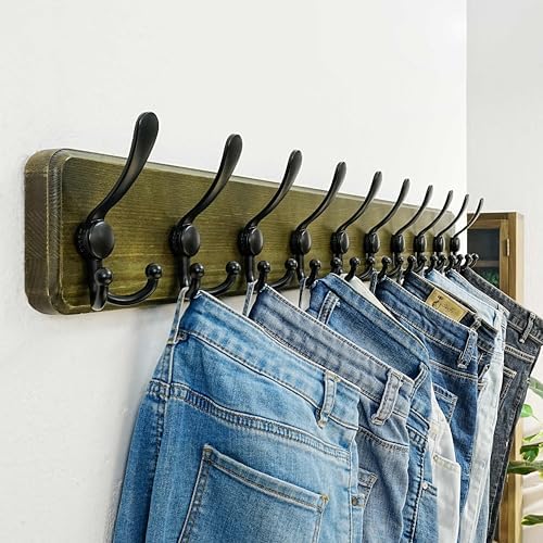 Dseap Coat Rack Wall - Heavy-Duty 38-1/4" Long, with Reinforced 10 Custom Tri-Hooks, Solid Wood Wall Hanger for Coats Hat Jackets - Rustic Farmhouse Entryway Hallway Storage, Weathered Green & Black - Image 3