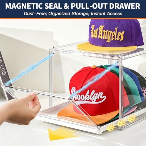 2Pack Ultra Clear Hat Organizer Drawer for Baseball Caps Storage, Heavy Duty Box Stackable with Magnetic Door Dustproof for Closet - Image 6