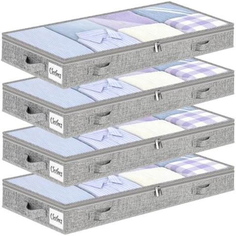 5 Inch Low Profile Under Bed Storage Drawer 4 Pack, Lightweight Underbed Clothes Storage Container Bins With NO STURCTURE, Shallow Storage Bag for Dorm & Home, With Clear Lids & Water-Resistant Fabric by KUKIKAN