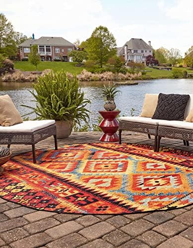 Unique Loom Outdoor Tribal Collection Area Rug - Tortuguero (7' 10" Round, Multi/ Blue) - Image 4