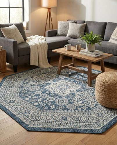 Rugs.com - Outdoor Aztec Rug – 5 Ft Octagon Blue Indoor/Outdoor Rug – Weather Resistant Flatweave for Patio, Deck, and Porch - Image 5