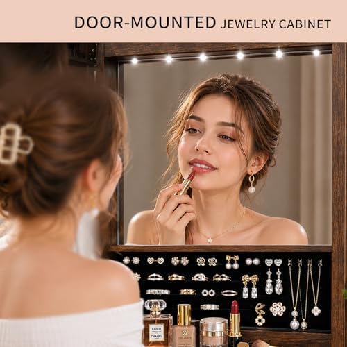 6 LEDs Mirror Jewelry Cabinet, Over the Door Jewelry Organizer with Full Length Mirror, Wall Mounted or Door Hanging Jewelry Box with Storage - Image 3