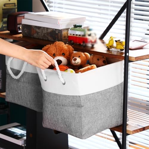 FoldTier 10 Pack Large Collapsible Fabric Storage Baskets with Handles Decorative Storage Bins for Organizing Shelves Toys Clothes(White & Gray,12 x 12 x 12 Inches) - Image 4