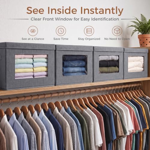 4-Pack Large Storage Bins with Lids & Clear Window, Foldable Fabric Closet Organizer Boxes, Stackable Cube Baskets with Soft Handles for Clothes & Blankets, 17”, Grey - Image 3