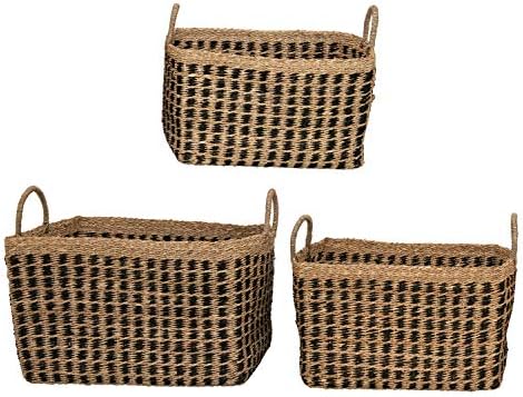 Creative Co-Op Hand-Woven Seagrass Baskets with Handles, Black & Natural, Set of 3 (Each One Will Vary) - Image 6
